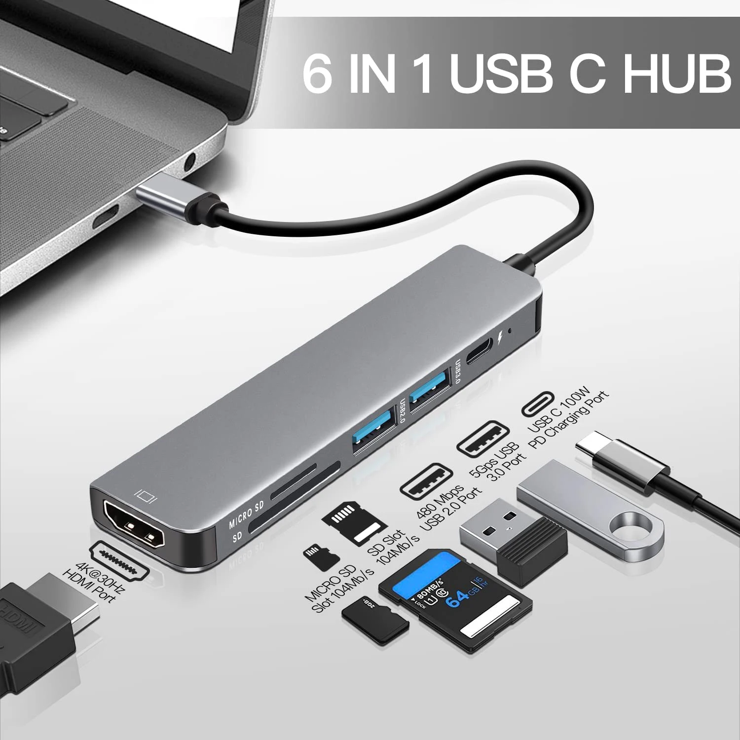 6 in 1 Aluminum USB C Docking Station 4K HDMI USB3.0 SD TF Card Reader Multiport Hub for Laptop