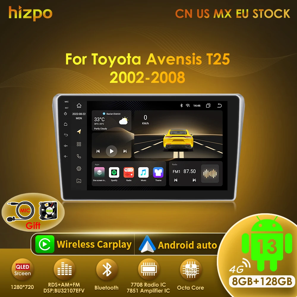 Hizpo Car Radio Multimedia For Toyota Avensis T25 2002 2003 2004 2005 - 2008 Navigation 2 Din Android Autoradio CarPlay Stereo