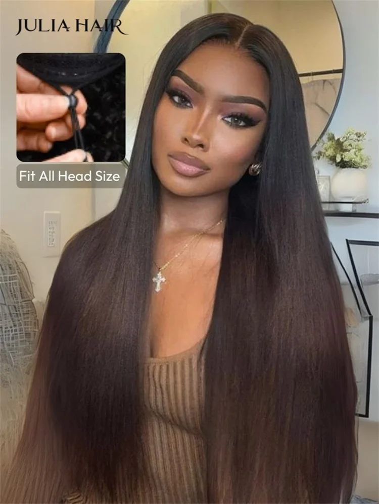 

Julia Hair Brazilian Yaki Straight V Part Wig Human Hair Chestnut Brown No Glue Drawstring Human Hair Wig Ready to Wear 180%