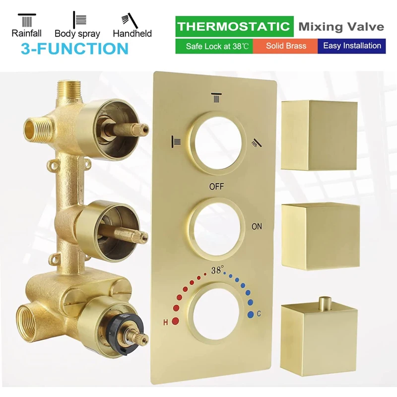 Brushed Gold 3 Way Shower Diverter Valve Concealed 3-function Thermostatic Brass Shower Mixing Valve For Shower System