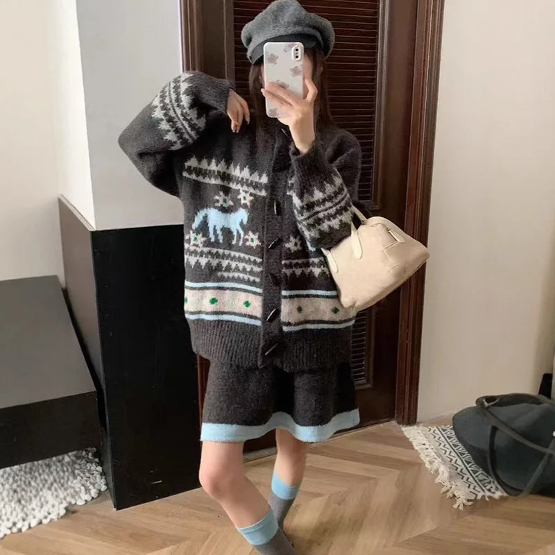 

Women Two Piece Sets Skirt Set Full Sleeve Knit Sweaters Coat Short Skirts A Line High Waist Y2k Streetwear Elegant Work Autumn