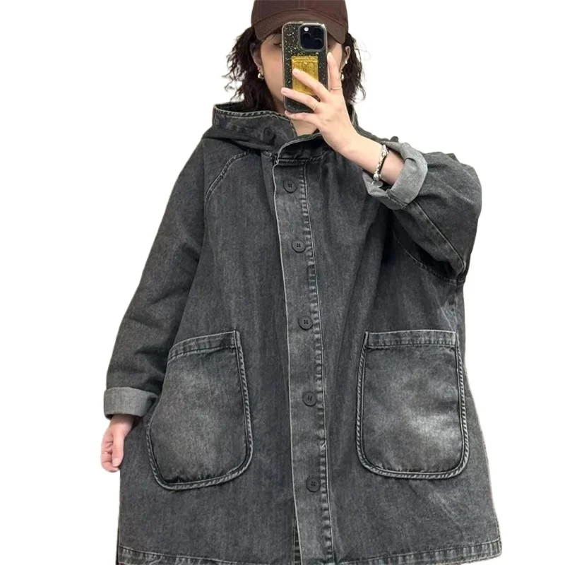 

Джинсовая куртка на весну-осень 2026, свободного кроя, в стиле ретро, с большими карманами, с капюшоном, однобортная, в стиле ковбойской верхней одежды