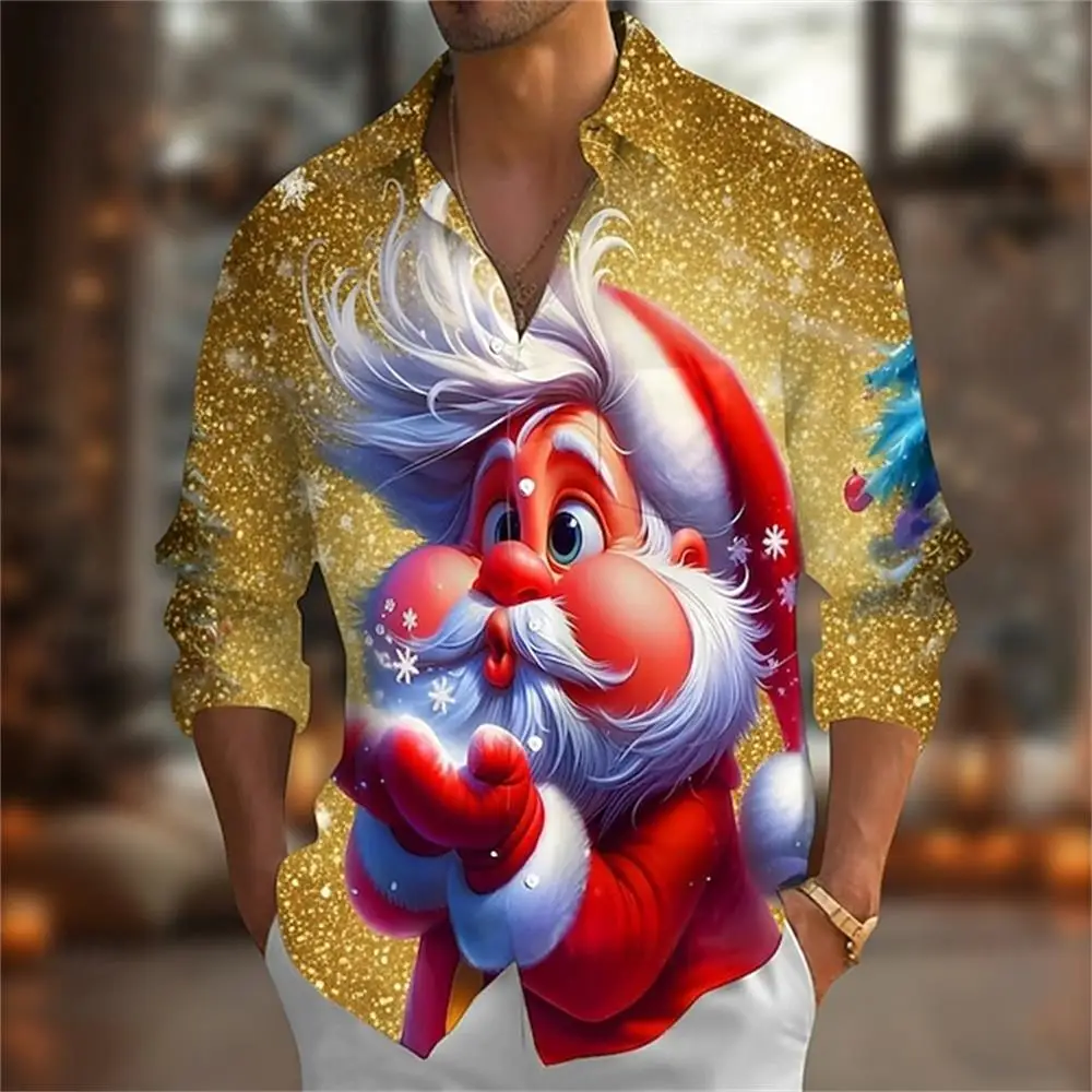 

Fashionable 3D printed Christmas quirky elderly design style men's long sleeved shirt slim fit lapel button casual party plus me