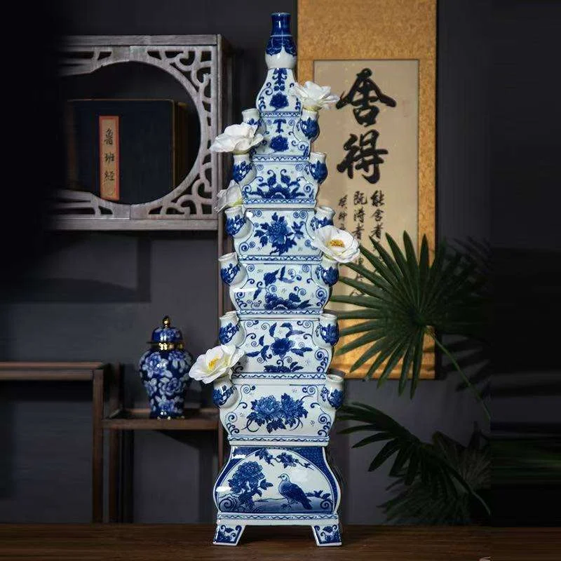 Jingdezhen Jiadu Eco-friendly Art Deco Blue White Porcelain Square Pagoda Floor Vase Multi-Layered Color Glazed Decorative