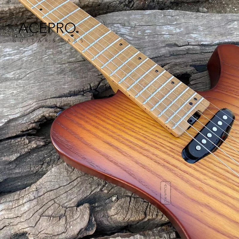 Acepro-Headless Electric Guitar, Single + Humbucker Pickups, Vintage Sunburst Ash Body, Stainless Steel Frets,Roasted Maple Neck