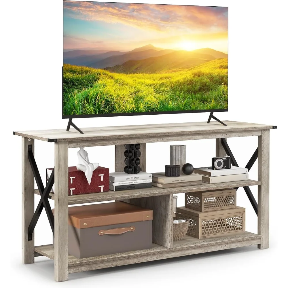 

Bedroom and living room TV stand, small TV console with storage rack and cable hole, X-shaped metal frame, rustic style