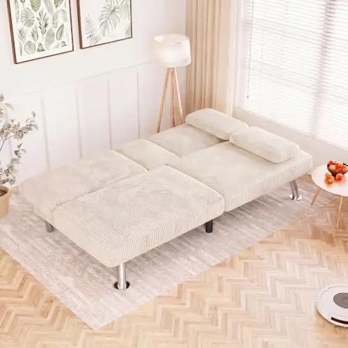 Futon Sofa Bed Corduroy Folding Couch Adjustable Sleeper Sofa Bed for Small Apartment Upholstered Living Room Furniture