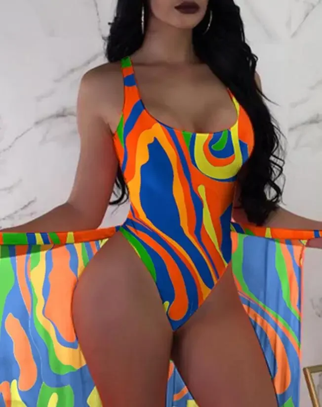 Women Sexy Swimwear suits 2024 Summer Beach Multi-Color Abstract U-Neck Skinny Wireless Bra One Piece Swimsuit With Cover Up