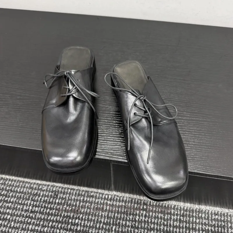 Luxury Designer Shoes Men Genuine Leather High Quality Dress Leather Shoes Male Breathable Half-Slippers Washed Horsehide