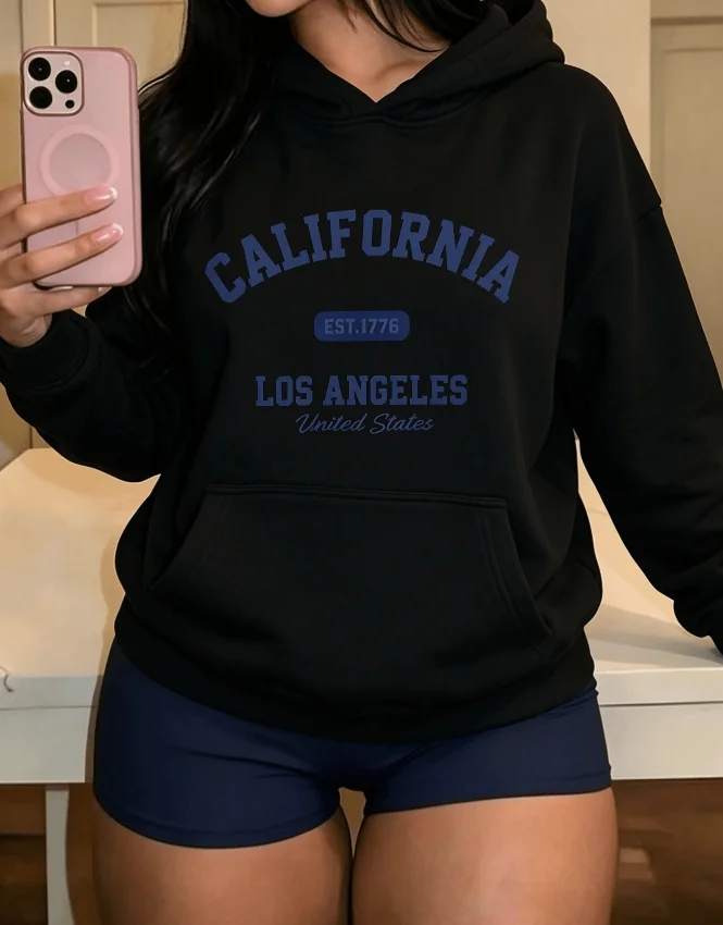 2026 Fashion New Arrival Women Long Sleeve Pullover Hoodie With Pocket, California Los Angeles Letter Graphic Print Casual Fall Daily Outfit Basic Sweatshirt Top