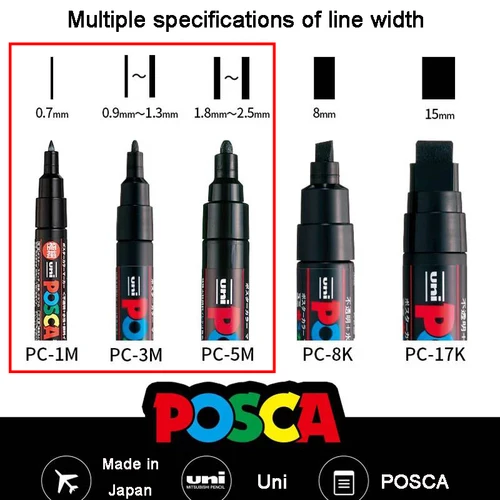 Imagen 2 del producto POSCA Juego de marcadores de colores en bolso, bolígrafo pincel Mitsubishi PC-1M/3M/5M Graffiti Mark, papelería de pintura de dibujo de mano para estudiantes