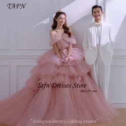 TAFN 2025 New Korea Wedding Shooting Dresses Pink Tulle Off the Shoulder Tiered Pleat Princess Bridal Gown Sweep Train