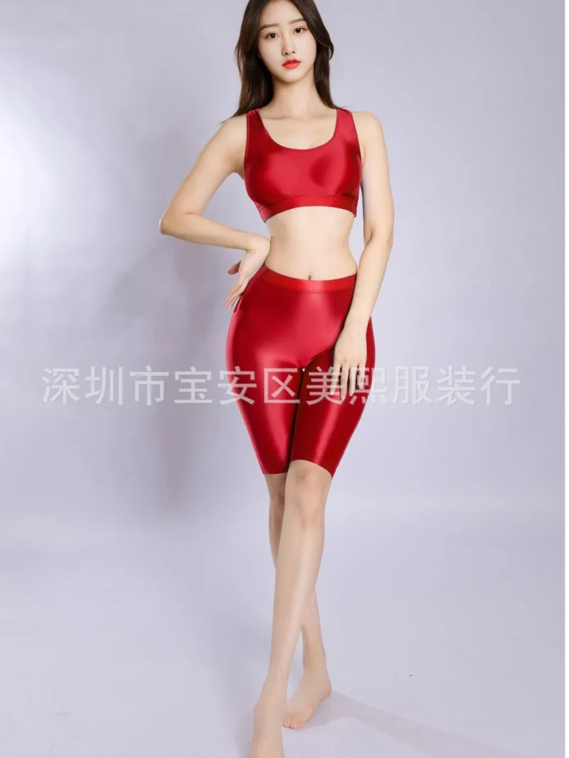 

Oil Shiny Short Sets Sexy Yoga Pants High Elasticity Thin Transparent Oil Shiny Sexy Short Sets Deep V Sleeveless Charming TUMJ