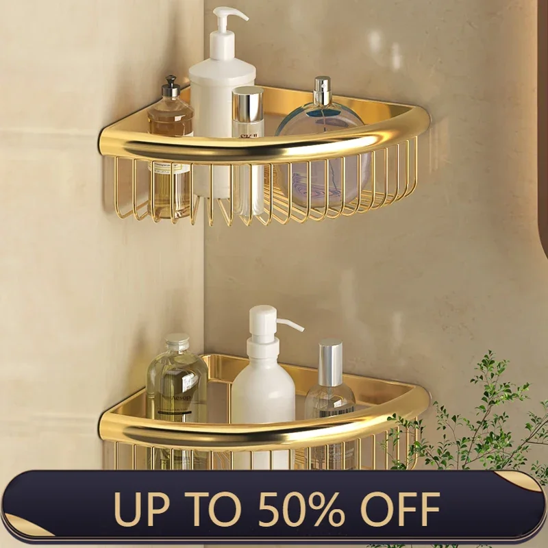 Copper Gold Bathroom Shower Room Wall Corner Basket Non Perforated Bathroom Rack Triangular Storage Rack For Bathroom Shelves
