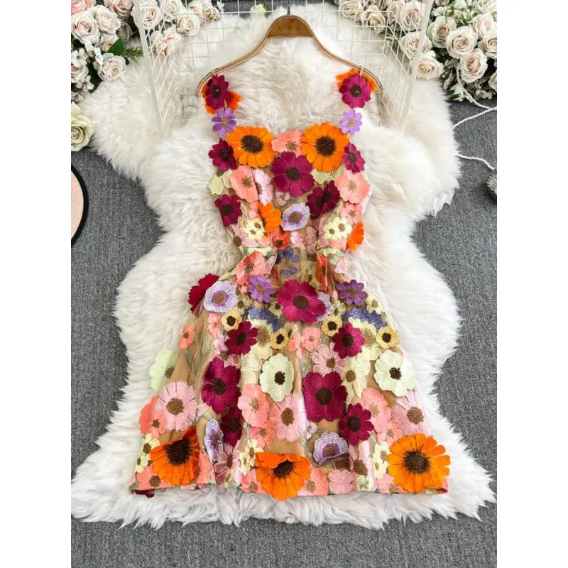 

Luxury Dresses Women 2025 Fashion Sexy Collect Waist Embroidery Three Dimensional Flower Sexy Elegant Party Dresses Woman