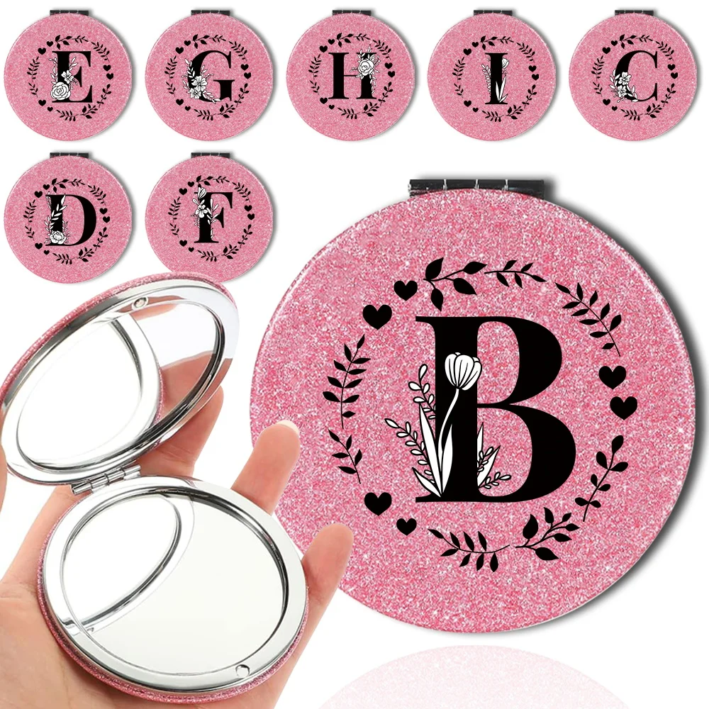 

Pocket Shiny 2-Sided PU Makeup Mirror Round Case Portable Folding Cosmetic Mirror Magnify Beauty Tool Garland Letter Pattern