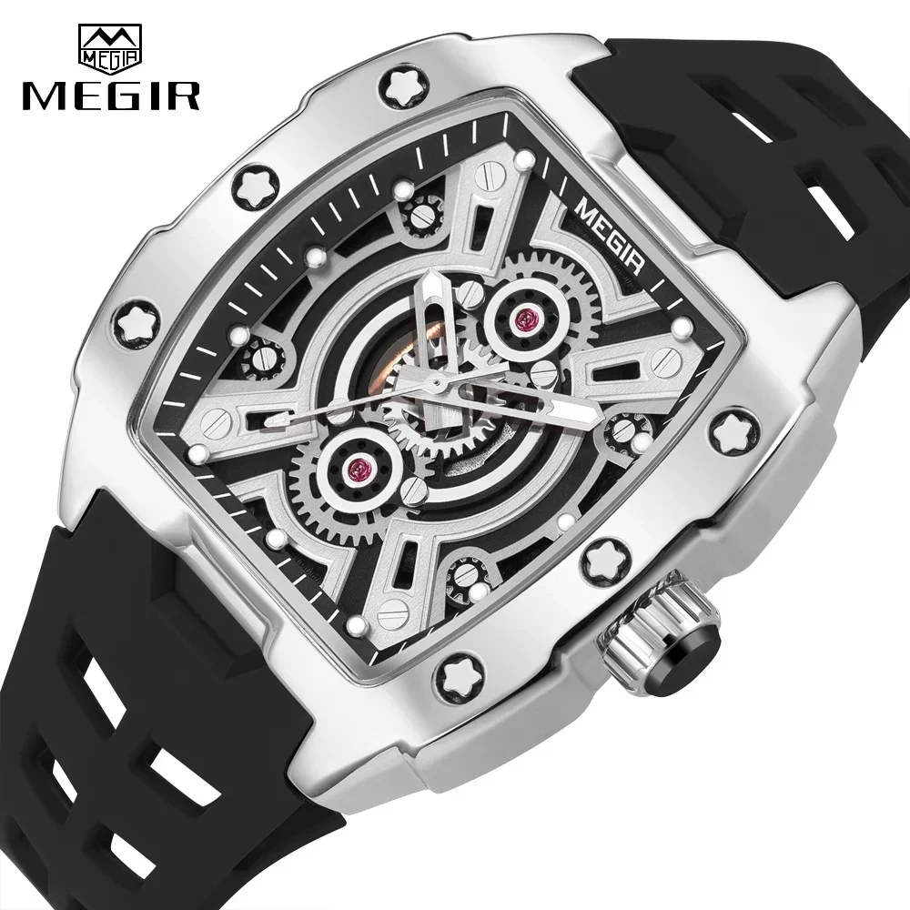 MEGIR-Montre à quartz analogique étanche pour homme, bracelet en silicone, forme de tonneau, montre-bracelet Shoous, mode de luxe, 2024