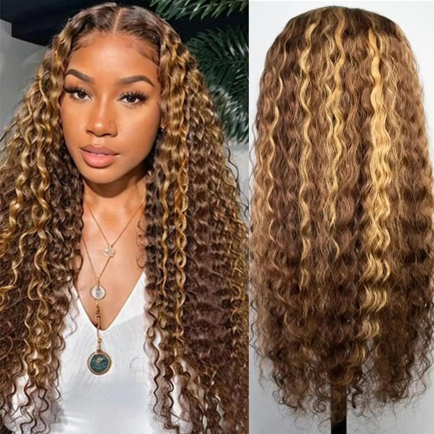 

30 Inch Ombre Highlight Deep Wave Wig Human Hair 4/27 Color Curly Wigs Honey Blonde Colored Human Hair Wig 180% Density 22 Inch