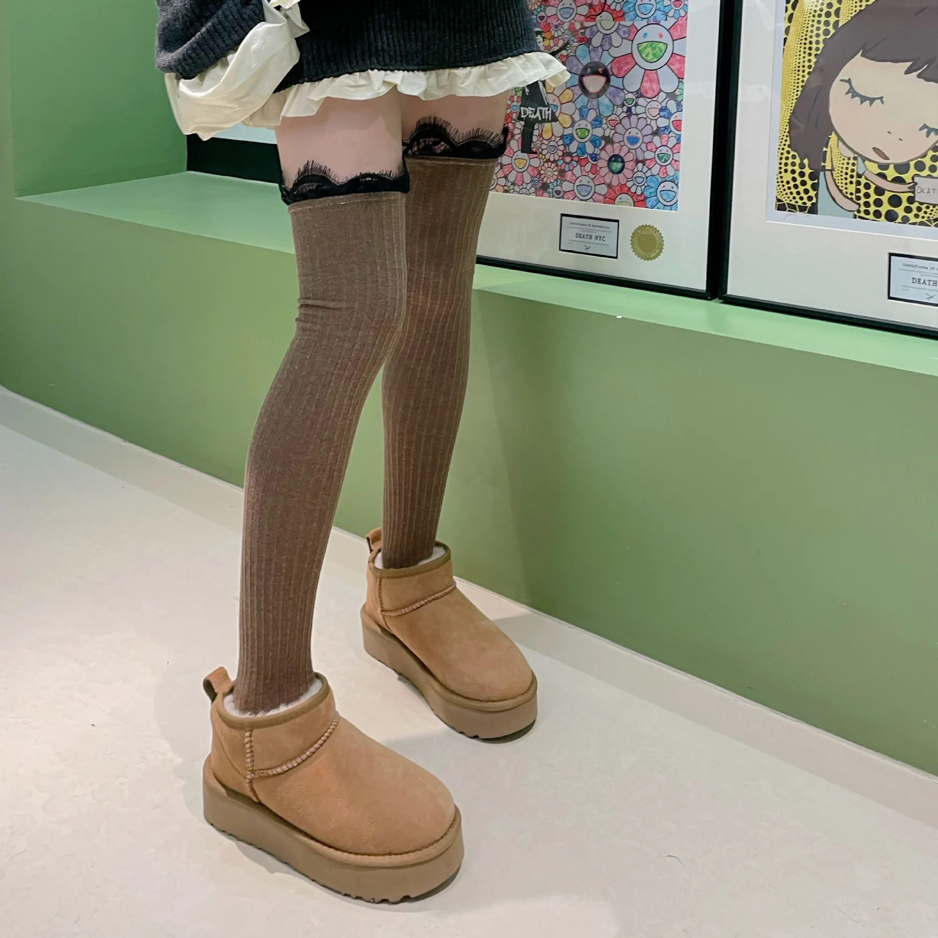 Fashion Personalized Black Lace Decorated Women's Over Knee Stockings Cotton Vertical Striped Lolita Thigh-High Socks Wholesale