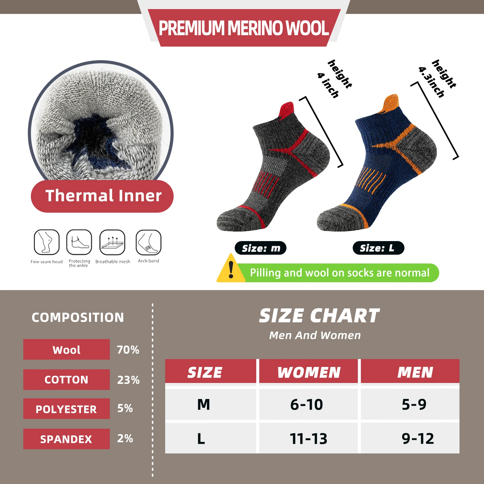 6 Pairs Men Women Merino Wool Ankle Hiking Running Socks Compression Support Thick Sports Low Cut Socks