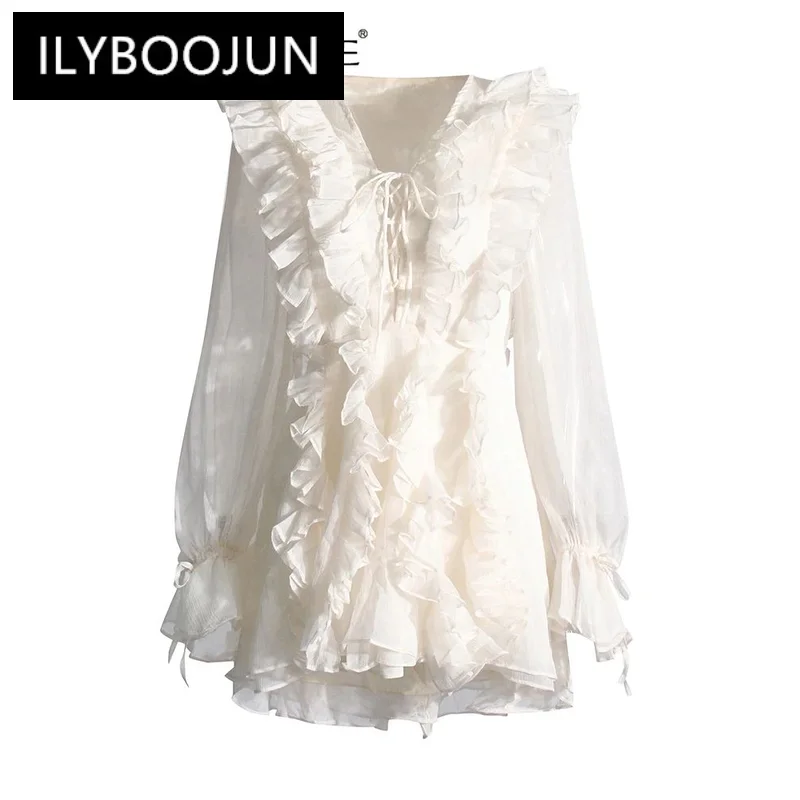 

ILYBOOJUN Patchwork Ruffle Elegant Dress For Women V Neck Long Sleeve High Waist Solid Mini Dresses Female Fashion New Spring