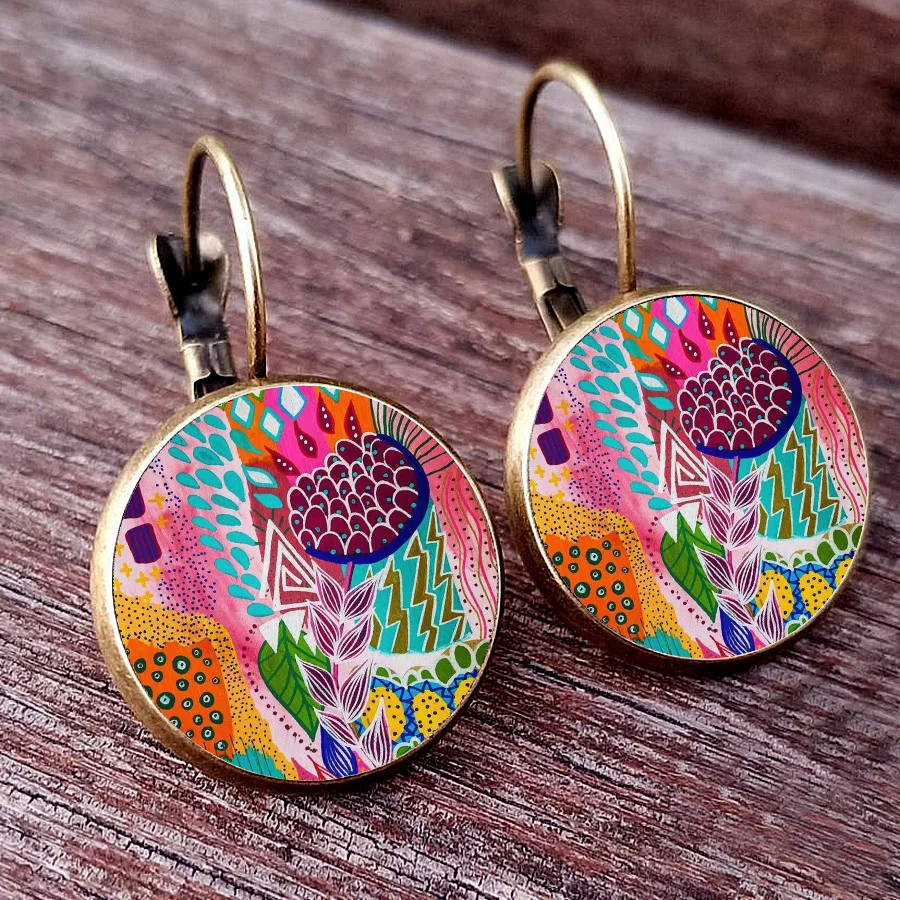 Colorful Wave Dot Flower Earrings Abstract Plant Flower Art Glass Cabochon Women\'s Earrings Beautiful Earrings Jewelry Gift