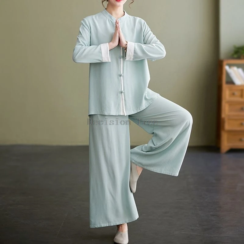 2026 cotton and linen yoga two-piece set chinese retro casual women loose yoga long sleeve practice clothes and zen tea clothes