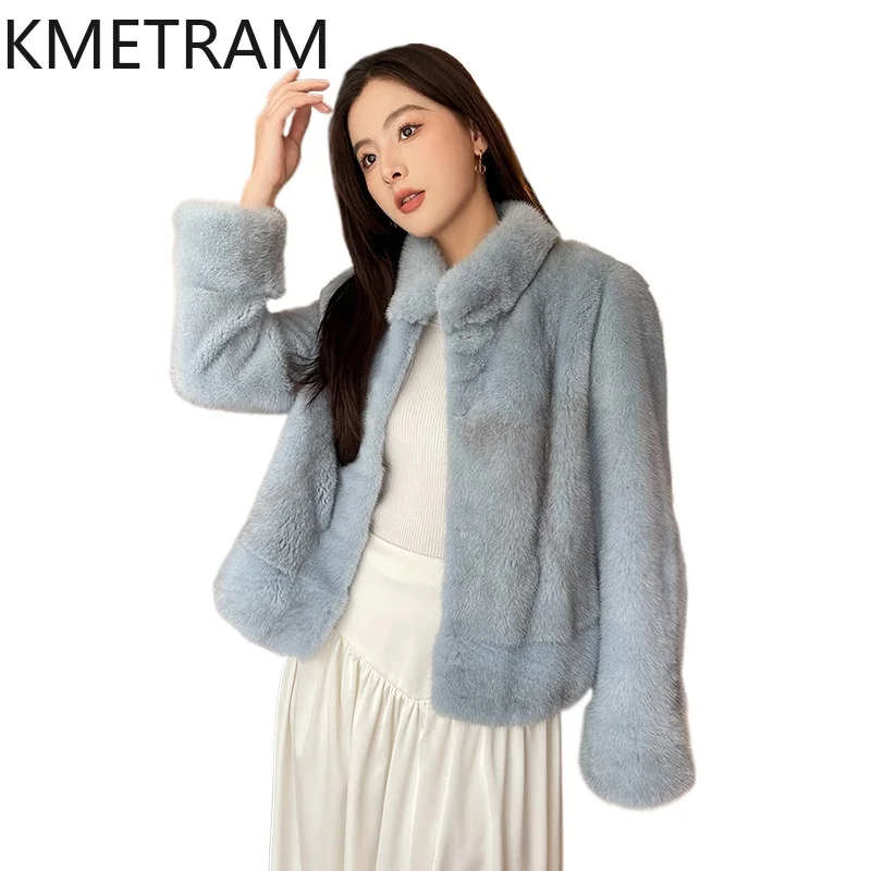 

KMETRAM 100% Natural Cross Mink Fur Coat Woman Blue Short Real Mink Fur Jacket Winter Outerwears Clothes for Women 2026 Fourrure