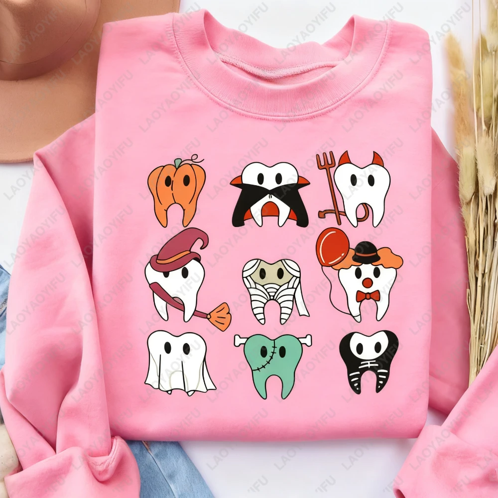 Assustador halloween dentista padrão moletom abóbora fantasma dental impressão hoodie mulher homem quente novo na moda adorável hoodies