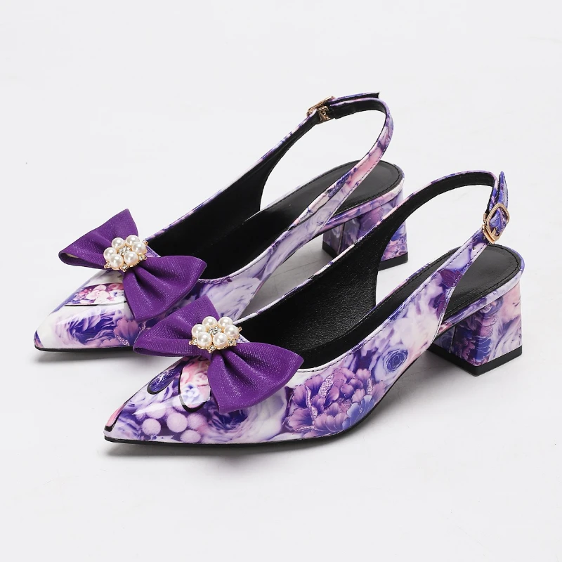 

Роскошные фиолетовые массивные босоножки для женщин, модные разноцветные туфли-мюли с бантом и острым носком, элегантные дизайнерские туфли на каблуке для банкета