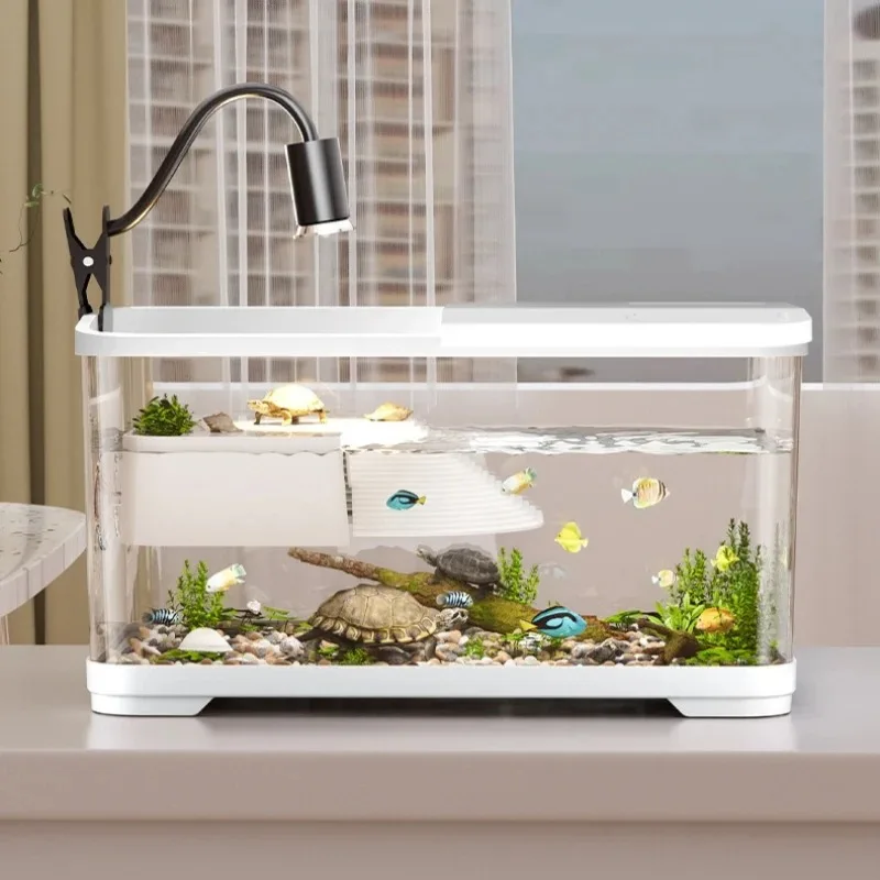 Turtle Terrarium with Lid Anti-escape Adjustable Climbing Platform Terrarium Transparent Desktop Turtle Tank Household Aquarium