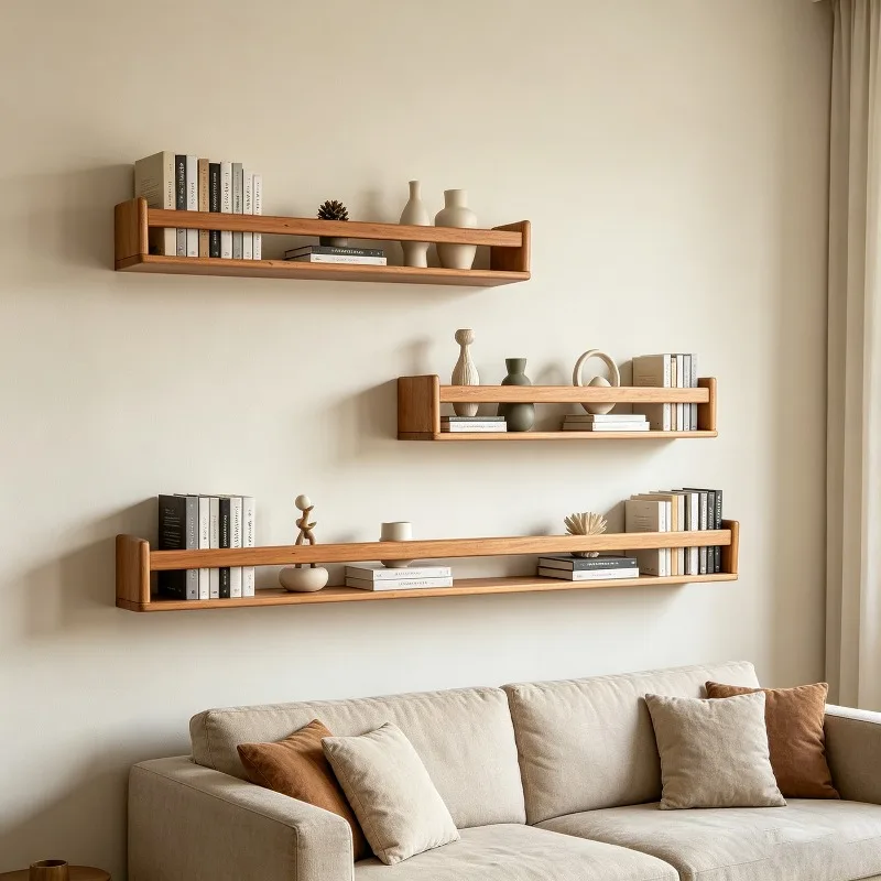 Solid Wood Wall Shelf, One Piece Front Guard Display Rack, Freestanding Modular Bookcase, Living Room Bedroom Storage Rack