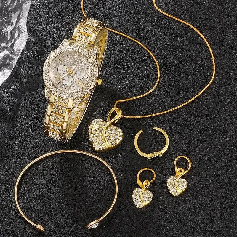 Women\'s Quartz Watch Gold Luxury Women Ring Necklace Earring Rhinestone Fashion Wristwatch Casual Ladies Watches Jewelry Set