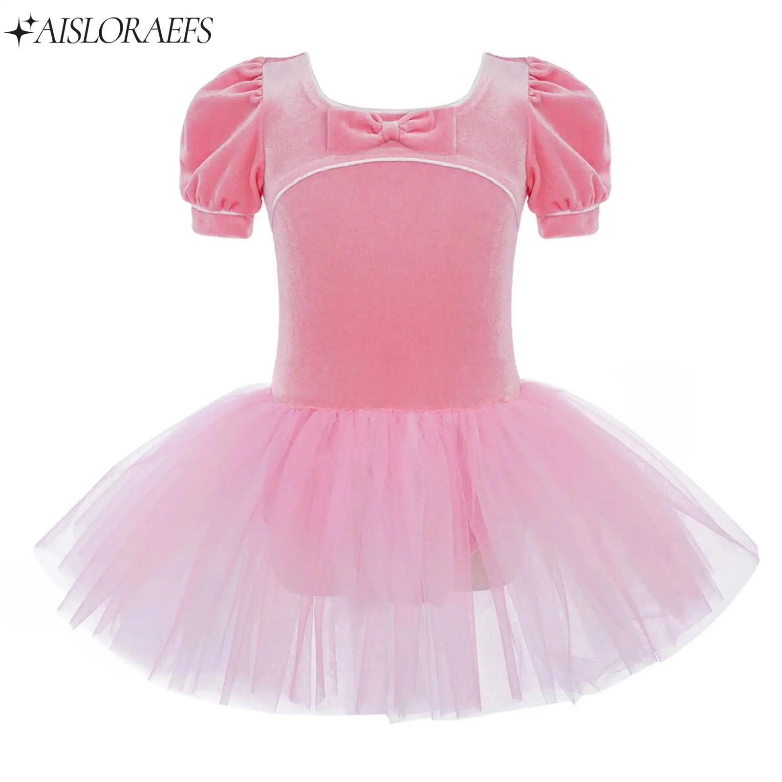 

Girls Gymnastics Ballet Dance Tutu Dress Bow Short Puff Sleeves Velvet Tulle Dress with Built-in Briefs for Skating Dance Party