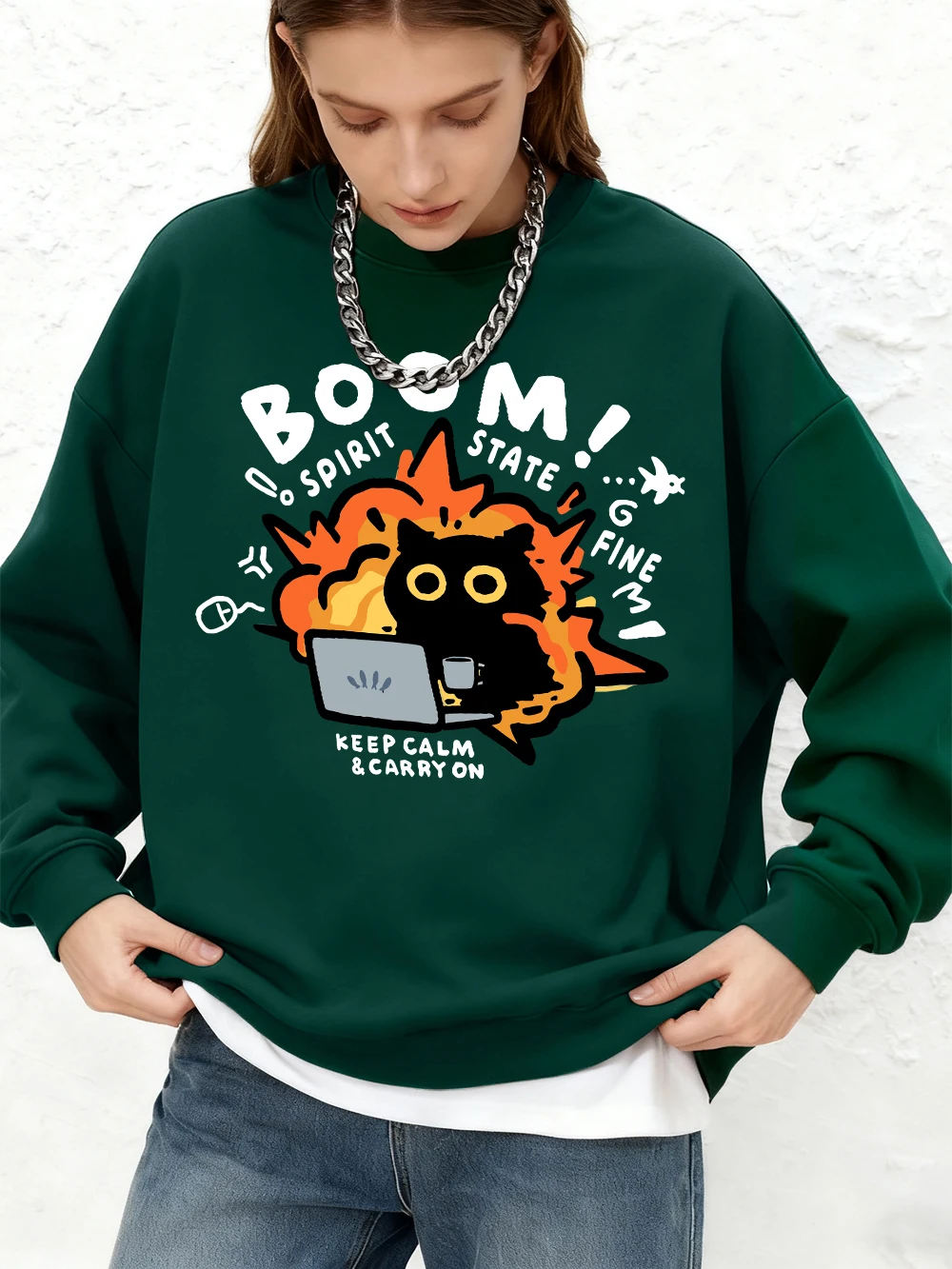 Keep Calm Carry On Cat Print Sweatshirts Womens Autumn Oversize Jogger Hoodies Basic Long Sleeves Warm Tops O-Neck Woman Clothes