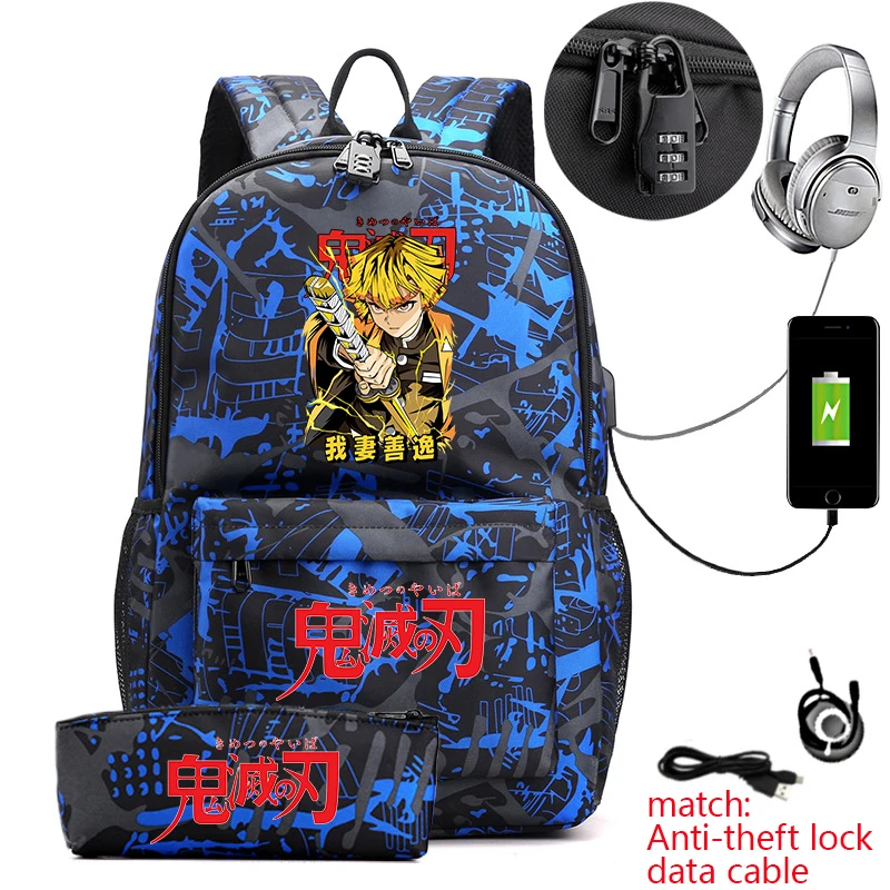デーモンスレイヤー-ゼニツ-アニメプリント-盗難防止スクールバックパック-ペンシルケース付き-男の子-ティーン学生向け-軽量で耐久性あり