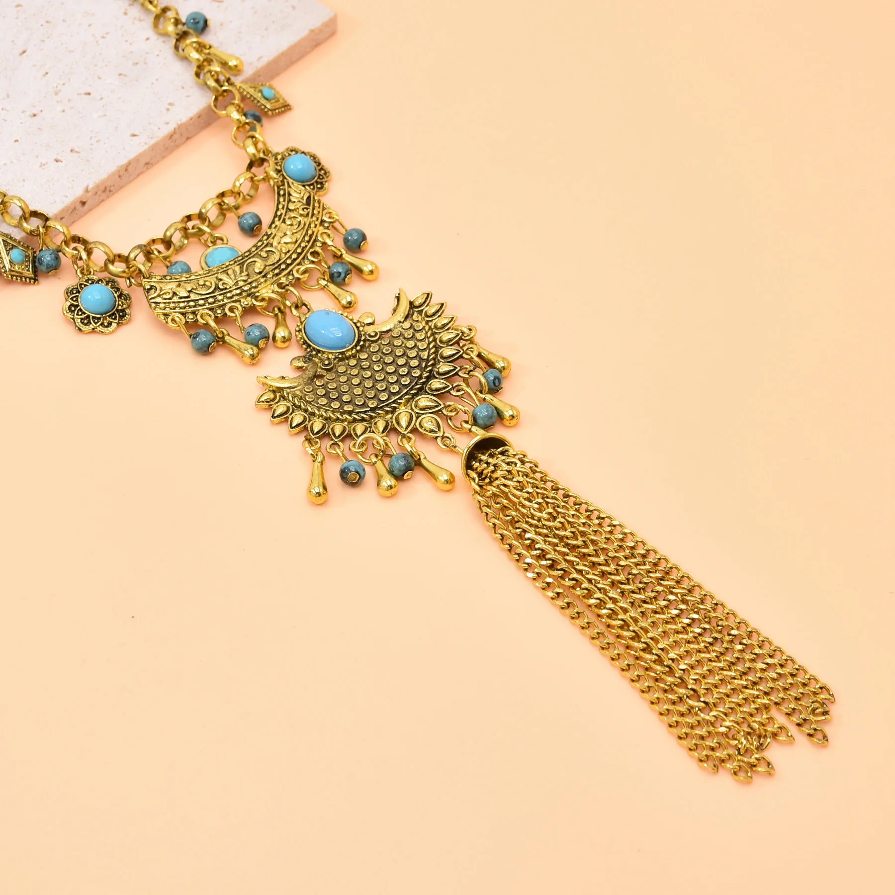 Vintage goldene silbrige Statement-Halskette für Frauen, bunte Strasssteine, lange Ketten, Halsketten, Gypsy, Boho, ethnischer Halsschmuck – Detail 36