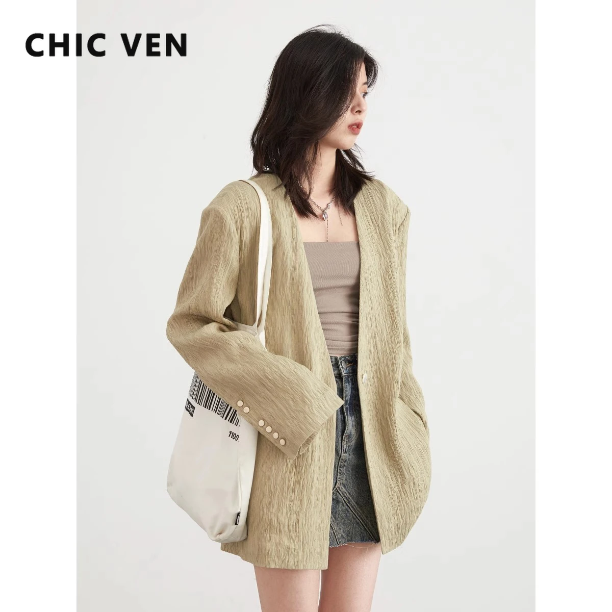 CHIC VEN Women Blazers Loose Casual New Texture V-neck Pleated One Button Shoulder Ladies Jacket Female Tops Spring Summer 2024