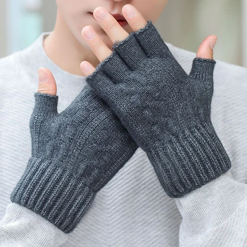 Winter Gloves Men Half Finger Writting Office Cycling Knitted Gloves Students Alpaca Wool Warm Thickened Elastic Driving Gloves