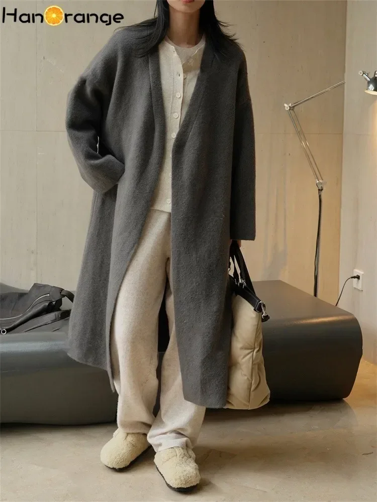 HanOrange 2024 Winter Simple Gentle X-Long Cardigan Women Sweater Casual Knitted Coat Female Grey/Black/Coffee