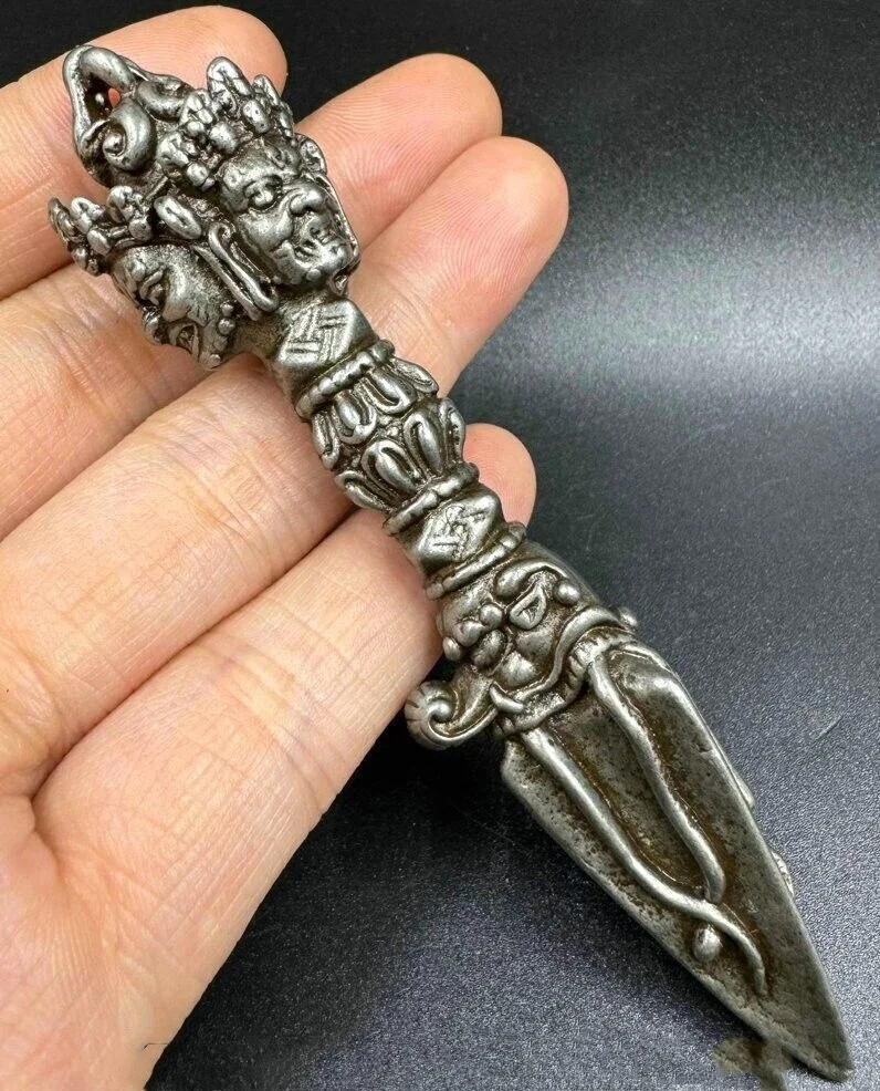 

4" Old Tibet Meteorite Buddhism Mahakala Buddha Phurba Dagger Holder Faqi Amulet