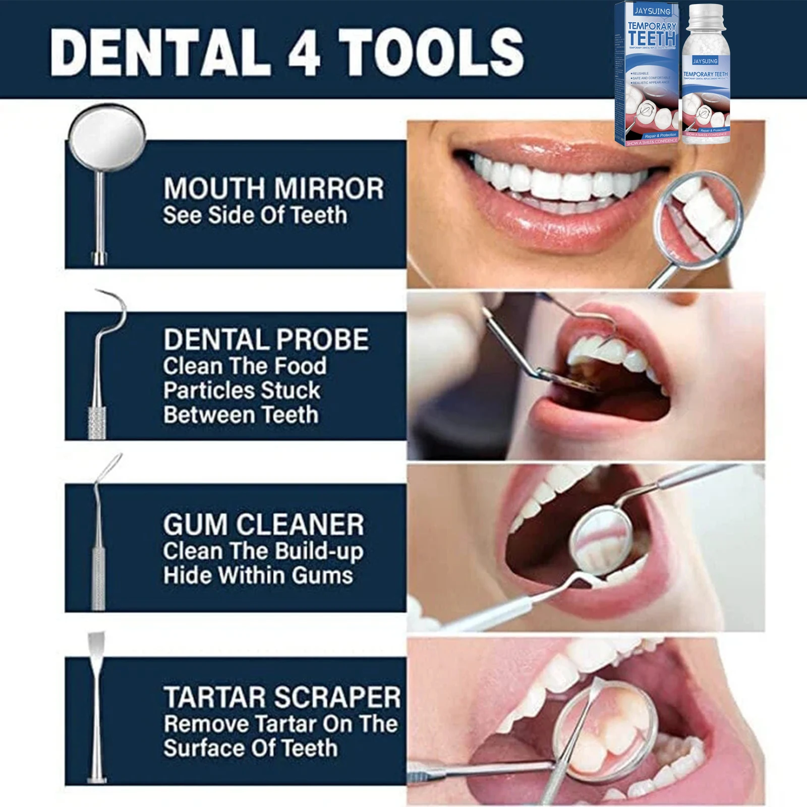 Il kit di riparazione temporaneo per la cavità del riempimento dei denti include specchio per la bocca, detergente per le gengive, raschietto per tartaro, sonda dentale per lo spazio dei denti mancante