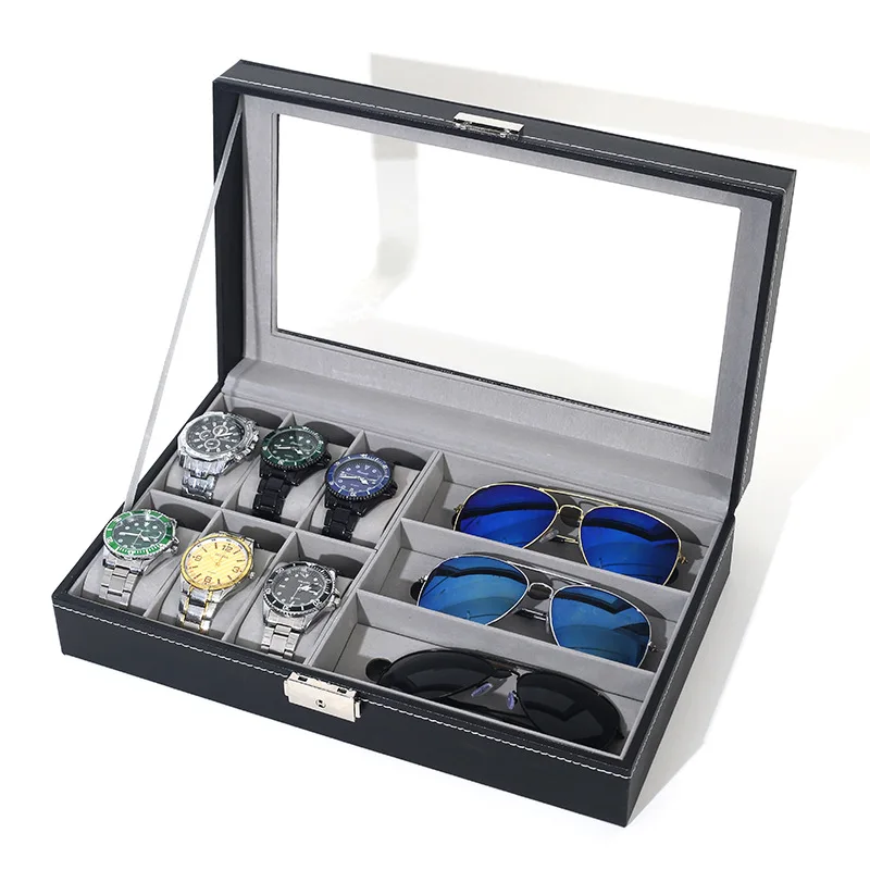 6+3 Girds PU Leather Multifunctional Glasses Organizer Watch Case Sunglasses Box Eyeglasses Display Storage  For Men Or Women