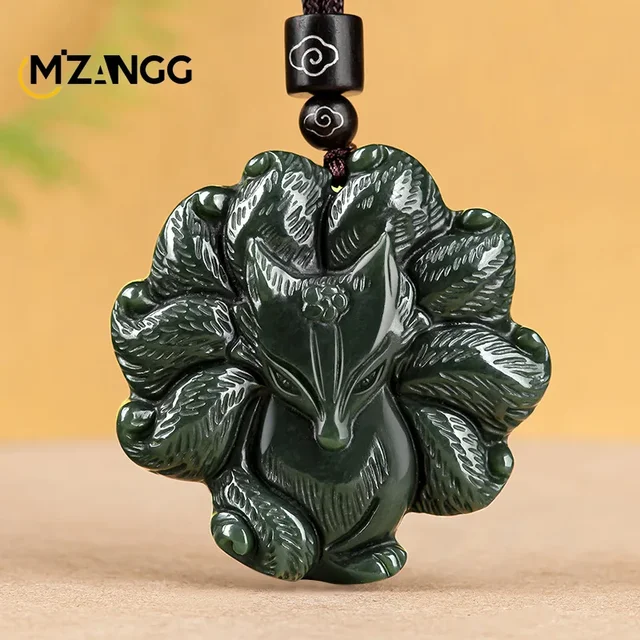 Naturalny Hetian Jade atrament Jade dziewięcioogoniasty wisiorek z lisem ręcznie rzeźbione wysokiej jakości biżuteria męska i damska Amulet na szczęście