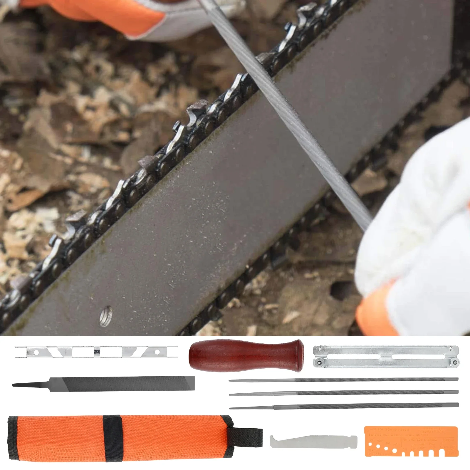 

9Pcs Steel Chainsaw Chain Sharpening Set with Hardwood Handle Round Flat File Guide Bar Woodworking File Sharpener Tools