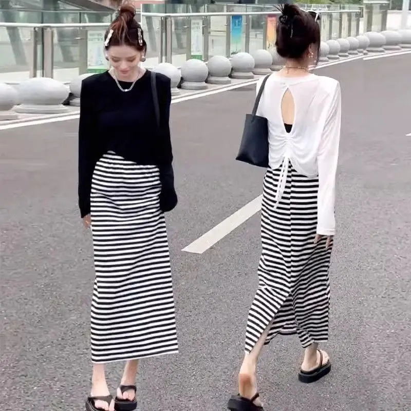 Spring Autumn Long Sleeve T-Shirt Sun Protection Loose Versatile Base Layer Small Size Top Striped Skirt Fashionable Set