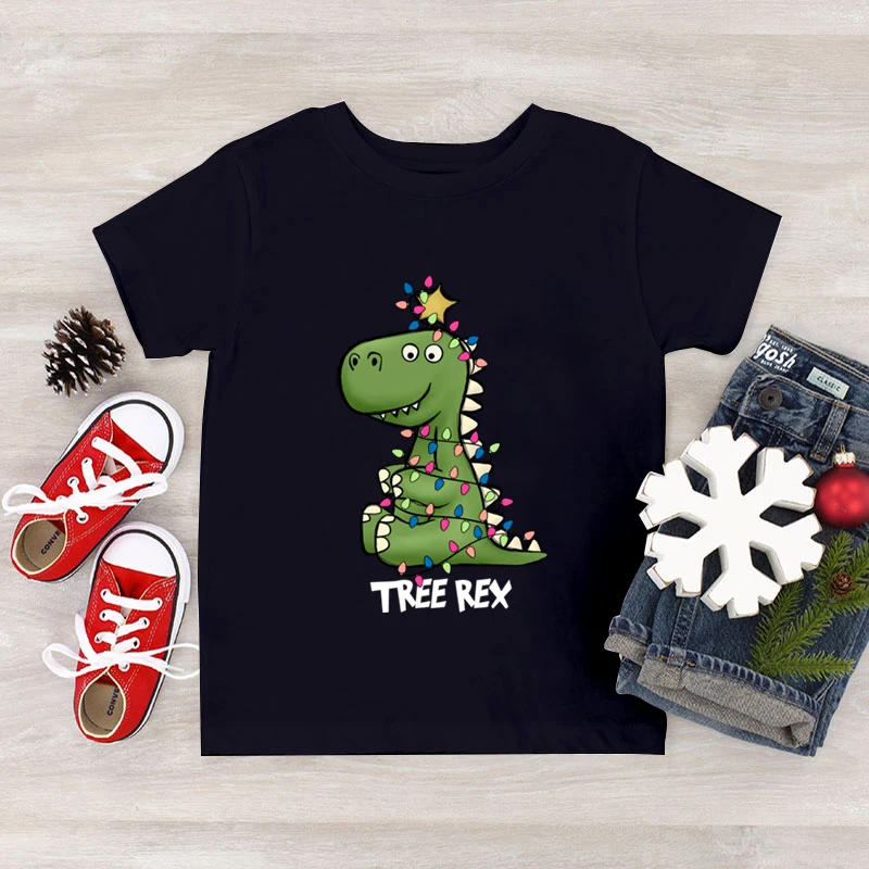 Black Tops for Boys Girls Merry Christmas T Shirts Kids Cartoon Tyrannosaurus Rex Tree Pattern Clothing Funny Cute Xmas T-Shirt