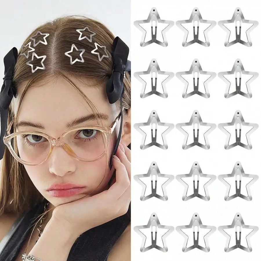 

10-Pack Silver Star-Shaped Metal Hair Clips for Women and Girls, Anti-Slip Design