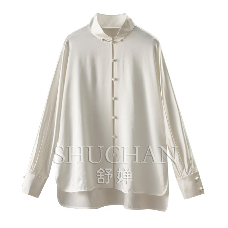 

New Chinese Simple Silk Satin Arc Pendulum Collar with Cut Long Sleeve Shirt Women's 54C2 Blusas Mujer De Moda 2025