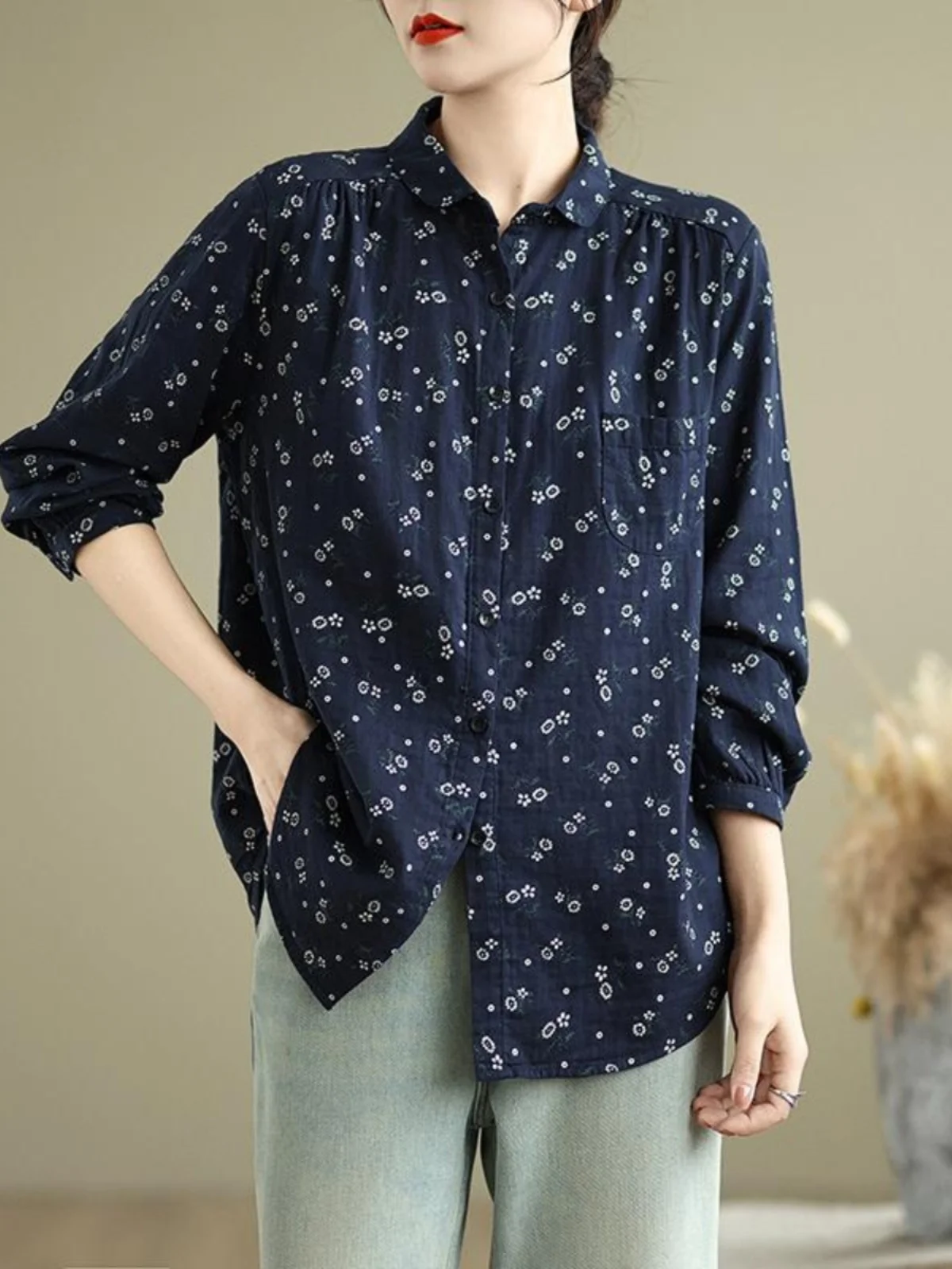 

High-End Women's Retro Floral Cotton irt plus Size Slimming Long Sve Outerwear Base Layer Top Korean Sle Loose Fit